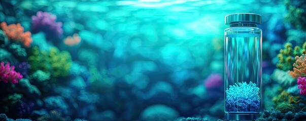 Poster - Ocean acidification concept. A vibrant underwater scene featuring coral and a clear bottle.