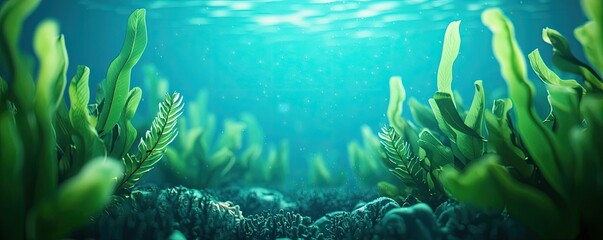 Poster - Ocean acidification concept. Vibrant underwater scene showcasing lush green seaweed and clear blue water.
