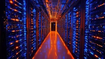 Poster - information traveling through the data center storage in blue and orange colors. cloud computer syst