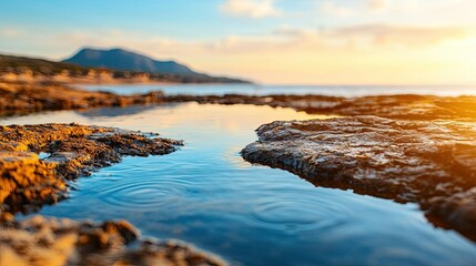 Aufkleber - Ocean acidification idea. A serene sunset reflecting on calm water by rocky coastline, evoking tranquility.