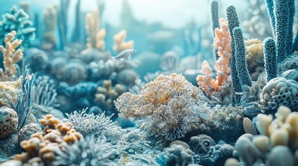 Poster - Ocean acidification idea. A vibrant underwater scene showcasing diverse corals and marine life thriving.