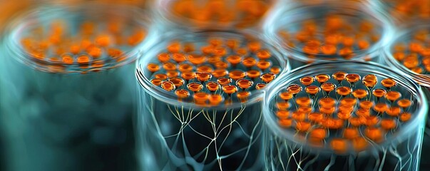 Poster - Ocean acidification concept. Close-up of orange microbial cultures in laboratory glassware.