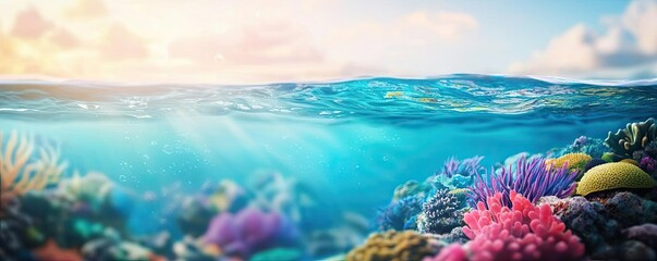 Poster - Ocean acidification concept. Vibrant underwater scene showcasing colorful coral and clear blue ocean waters.