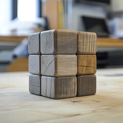 Poster - Creative wooden block stacking techniques art studio photography indoor close-up minimalism