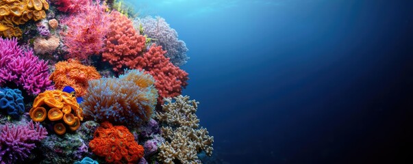 Poster - Ocean acidification idea. Vibrant coral reef showcasing diverse marine life and colorful corals under the sea.