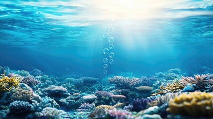 Poster - Ocean acidification concept. Vibrant underwater scene showcasing colorful corals and sunlit bubbles.
