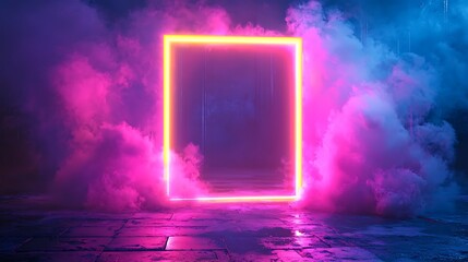 Aufkleber - Neon rectangle frame, smoke, vibrant colors, empty space, studio shot, digital art, poster use