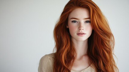 Wall Mural - Beautiful woman with long, copper-colored hair, wearing a blouse, posing against a white background