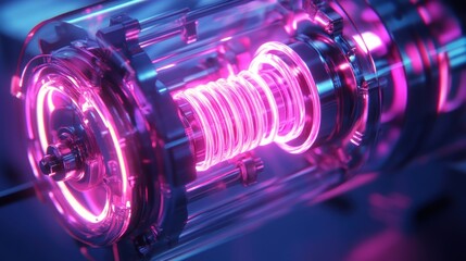 Poster - Futuristic energy core with glowing pink coils, set in a high-tech laboratory environment