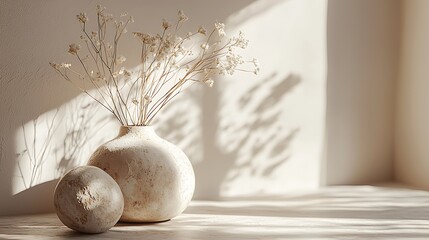 Poster - Neutral vase with dried flowers, sunlit interior. Possible use Home decor