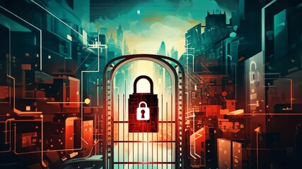 Poster - An abstract digital representation of a secure fort standing against a futuristic city skyline illuminated by vibrant colors and technological elements at dusk