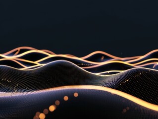 Poster - Dynamic 3D rendering of a digital landscape with endless glowing points and floating cybernetic lines, symbolizing innovation