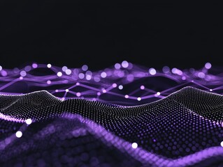 Poster - Dynamic 3D rendering of a digital landscape with endless glowing points and floating cybernetic lines, symbolizing innovation