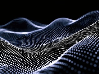 Poster - Dynamic wave of glowing dots and lines forming a flowing digital grid, representing AI technology and big data visualization
