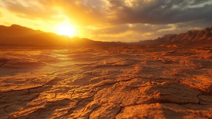 Poster - Weathering process concept. A breathtaking sunset illuminates a dry, cracked land, showcasing nature's beauty.