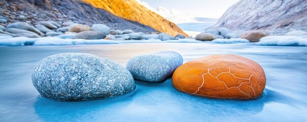 Aufkleber - Weathering process concept. Stunning view of colorful stones in a serene river landscape under a clear sky.