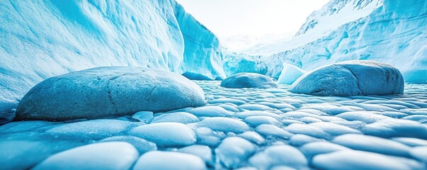 Poster - Weathering process concept. A serene glacial landscape showcasing blue ice formations and smooth, rounded stones.