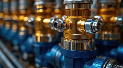 Canvas Print - Close-up of industrial valves showcasing intricate designs and metallic finishes in a factory setting (1)