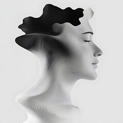 Poster - Monochrome Abstract Woman's Profile Portrait, Textured Digital Art