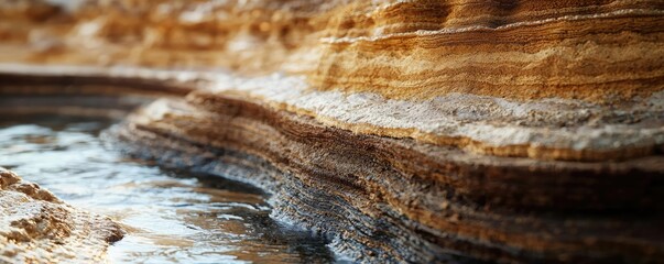 Aufkleber - Weathering process idea. A close-up view of layered rocks beside a serene water stream, showcasing natural beauty.