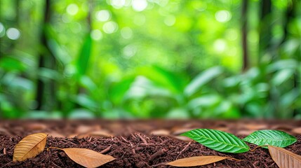 Aufkleber - Weathering process concept. A serene forest floor with vibrant green foliage and fallen leaves, showcasing nature's beauty.