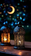 Canvas Print - a serene evening scene featuring intricately designed lanterns illuminated against a beautiful night