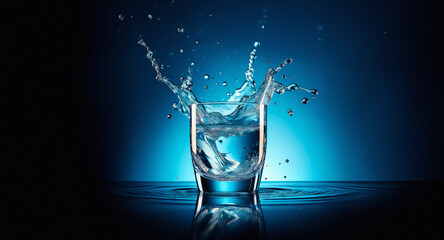 Leinwandbilder - Clear liquid splashes dynamically from a glass against a gradient blue background.  The motion is captured in a freeze frame, showing droplets mid-air and ripples on the surface.