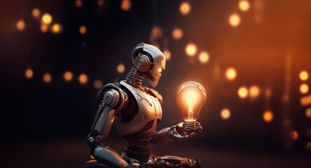 Poster - A metallic robot with glowing eyes thoughtfully holds a lit light bulb in its hand, set against a dark backdrop with soft bokeh lights, symbolizing innovation and technological progress.