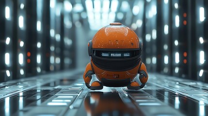 Poster - Orange robot standing in a futuristic hallway, looking ahead, with blurred light panels background