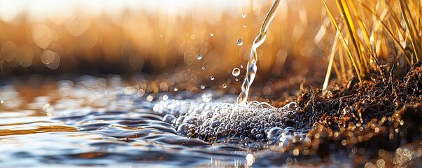 Poster - Weathering process concept. Close-up of water splashing onto grass at sunset, illustrating nature's beauty.