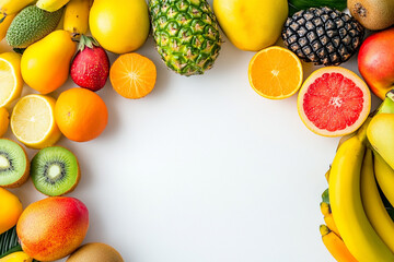 Wall Mural - Bright composition of fresh tropical fruits neatly laid out on a white background