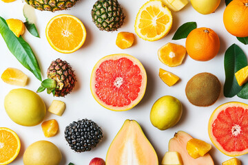 Wall Mural - Bright composition of fresh tropical fruits neatly laid out on a white background