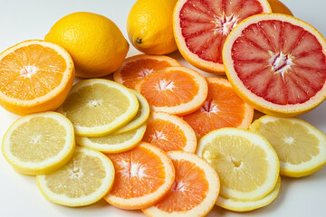 Wall Mural - Bright composition with oranges, lemons and grapefruits cut into slices