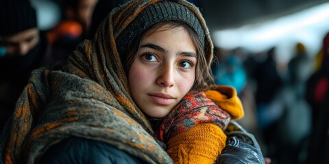 Young refugee girl feeling cold in refugee camp