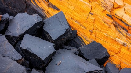 Poster - Weathering process concept. Vivid geological formation showcasing striking colors of black and orange rocks.