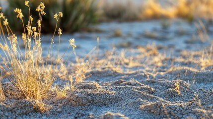 Aufkleber - Weathering process idea. Golden grasses shining in sunlight on sandy ground create a serene natural landscape.