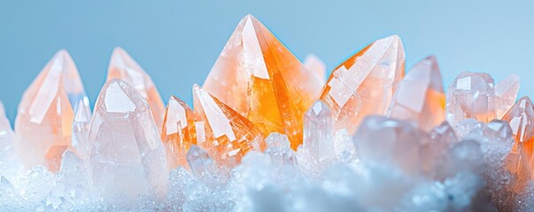 Poster - Weathering process concept. Beautiful orange and pink crystal formations shining in natural light on blue background.