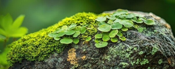 Aufkleber - Weathering process concept. Lush green plants growing on a textured rock in a serene natural environment.