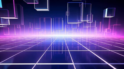 Poster - The setting features a stylish digital world filled with luminous holographic blocks suspended in the air, casting colorful reflections on the ground