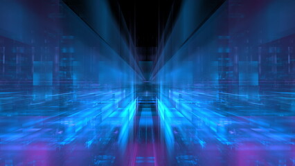Fototapete - dynamic tunnel filled with bright blue and purple light patterns creates an immersive, futuristic feeling. depth perception leads the viewer into an enigmatic digital landscape. 3d render