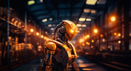 Aufkleber - A metallic robot with glowing eyes stands in a dimly lit industrial interior. The futuristic automaton is illuminated by orange lights, creating a technological and slightly eerie atmosphere in the fa