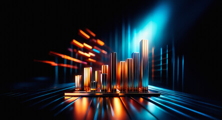Aufkleber - Abstract metallic bars of varying heights are arranged on a reflective platform. Vibrant blue and orange light illuminates the structure against a dark background, creating a dynamic scene.