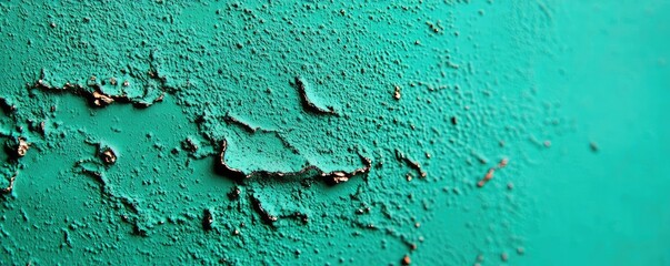 Poster - Weathering process idea. Textured surface with peeling turquoise paint creating abstract art and visual interest.