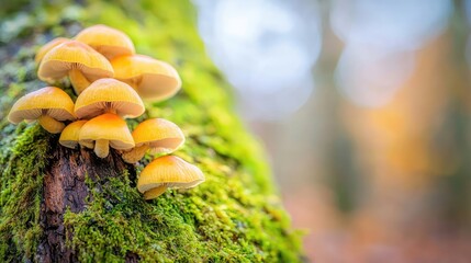 Poster - Weathering process idea. Vibrant yellow mushrooms growing on a moss-covered tree trunk in a peaceful forest.