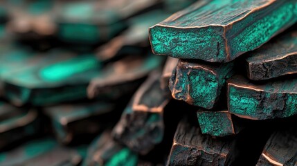 Poster - Weathering process concept. A close-up view of textured wood with vibrant turquoise accents and natural patterns.