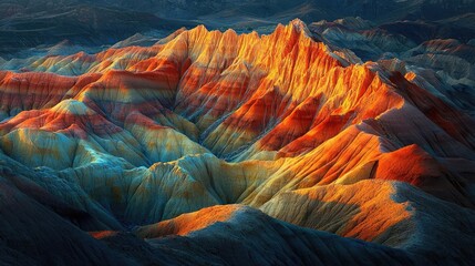 Poster - Weathering process idea. Vividly colored mountain ridges illuminated by sunset's warm glow.