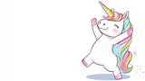 Cute cartoon unicorn dancing, white background, simple lines, flat illustration style,colorful mane in rainbow colors, joyful expression, animated illustration, cheerful mood, fun design elements
