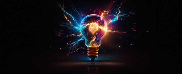 Fototapete - A vibrant light bulb emits colorful energy sparks and streaks against a dark backdrop, symbolizing bright ideas and innovation in a visually striking abstract style.