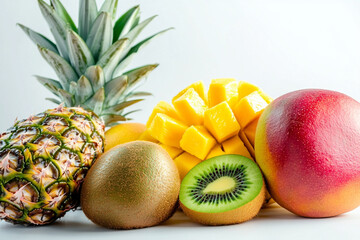 Wall Mural - Fresh tropical fruits including pineapple, mango and kiwi on white background