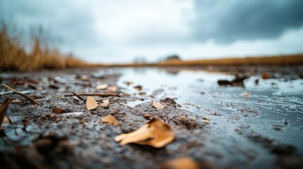 Poster - Weathering process idea. A serene landscape featuring puddles and fallen leaves under a moody sky.